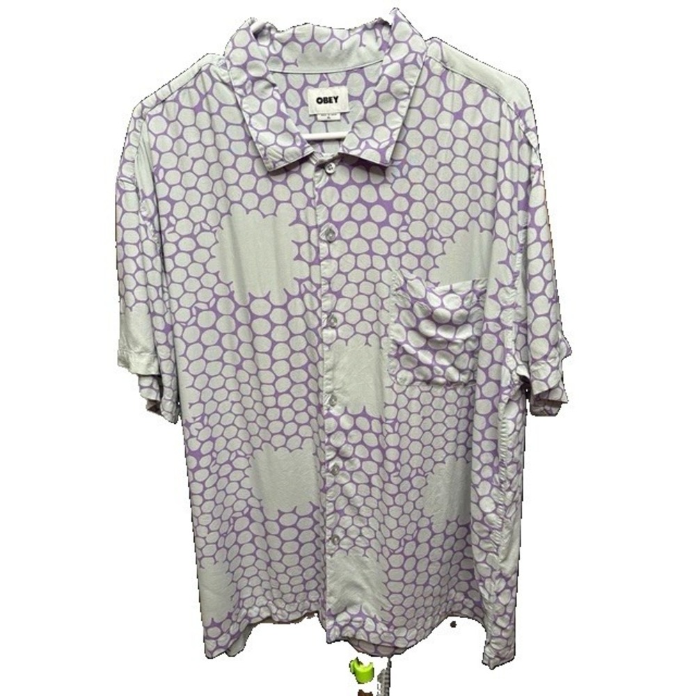 OBEY Men's XL streetwear Purple/Gray Viscose Geometric Point Collar  Button-Up